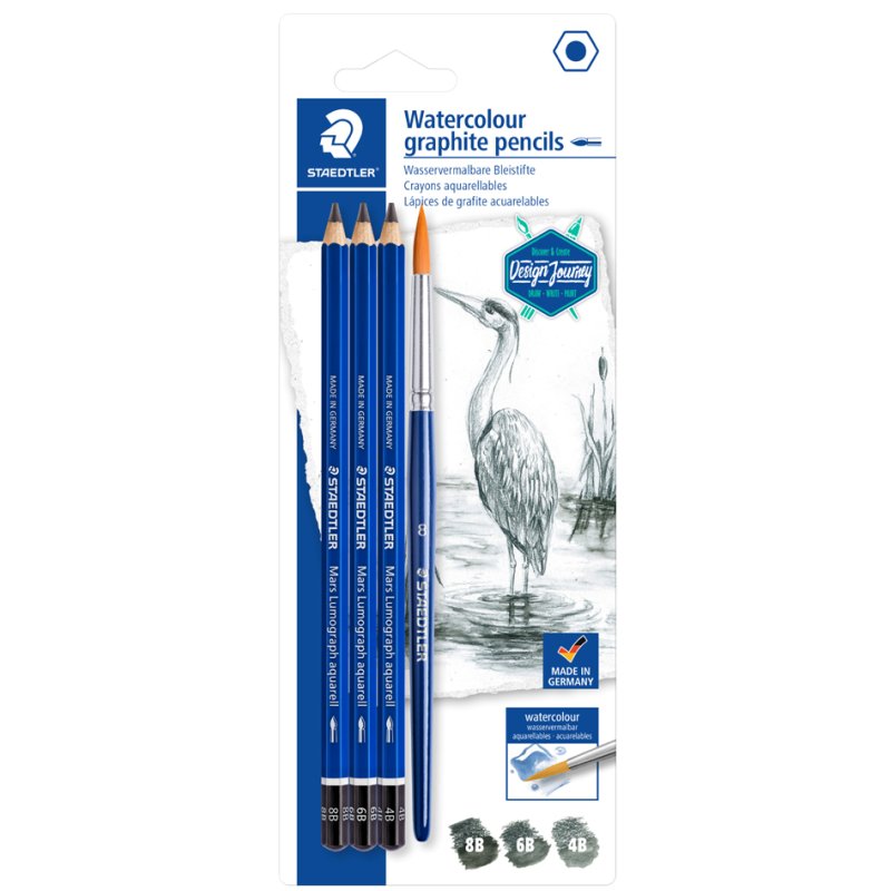 STAEDTLER set de crayons Mars Lumograph aquarelle, 8B/6B/4B, 3 crayons + 1 pinceau